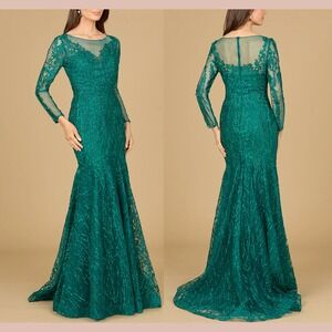 NWT $758 LARA NY [ 16 ] 29131 Long Sleeve Lace Mermaid Gown in‎ Green #J2018